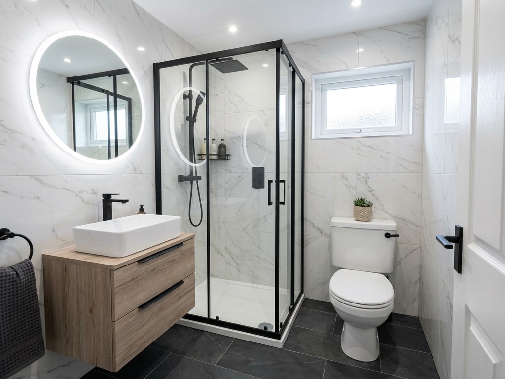 Modern marble-effect panelled shower room with black fittings and LED mirror after renovation