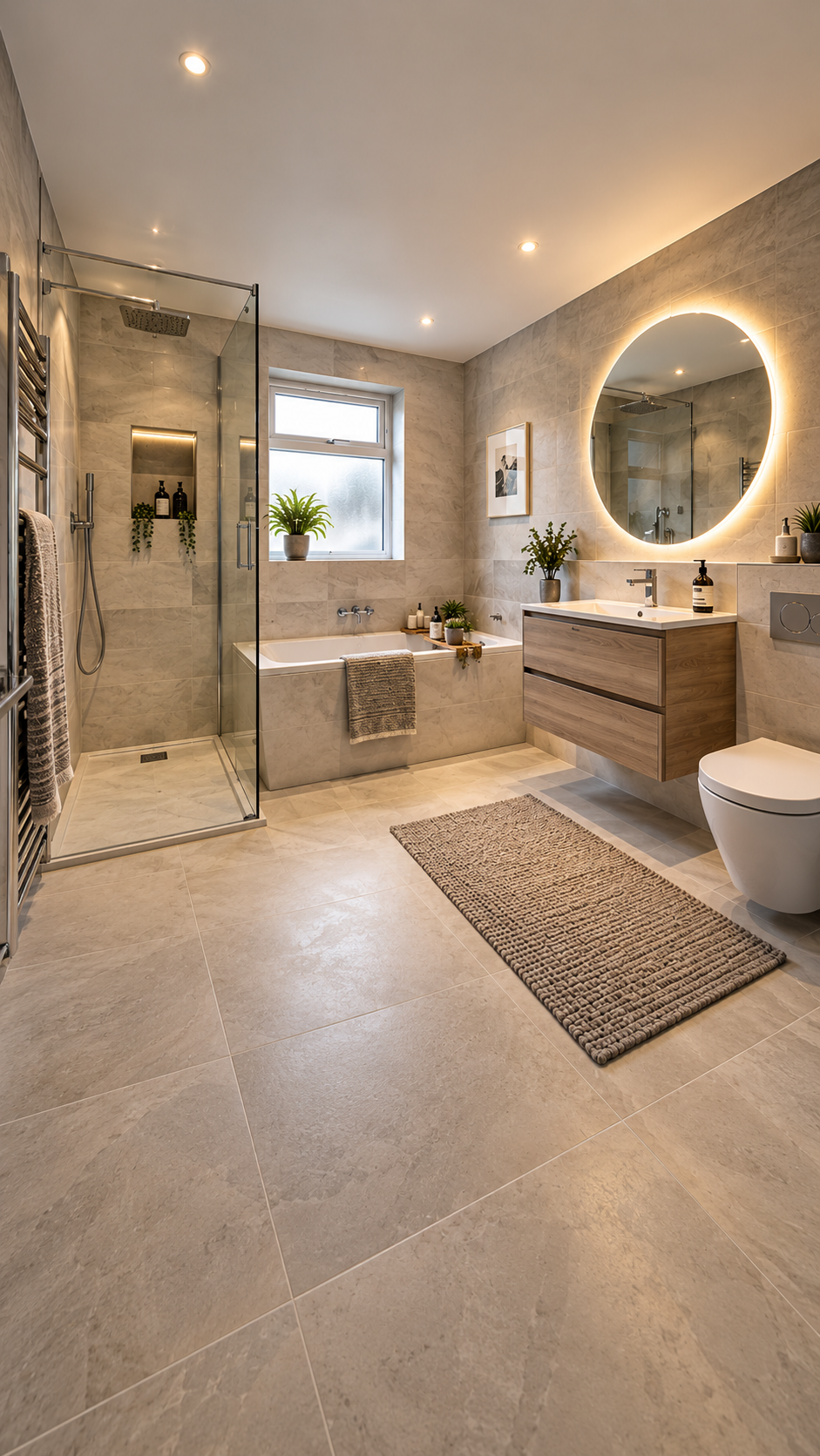 Bright modern bathroom with walk-in shower, bath, wooden vanity, illuminated round mirror and wall-hung toilet