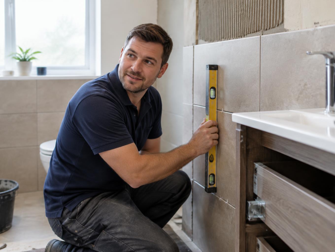 Flash Fit Bathrooms fitter fitting tile-effect wall boards in a bathroom under renovation
