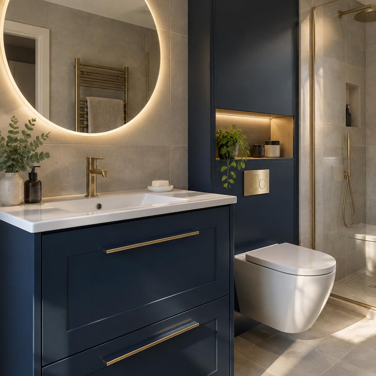 Navy vanity unit and bathroom storage